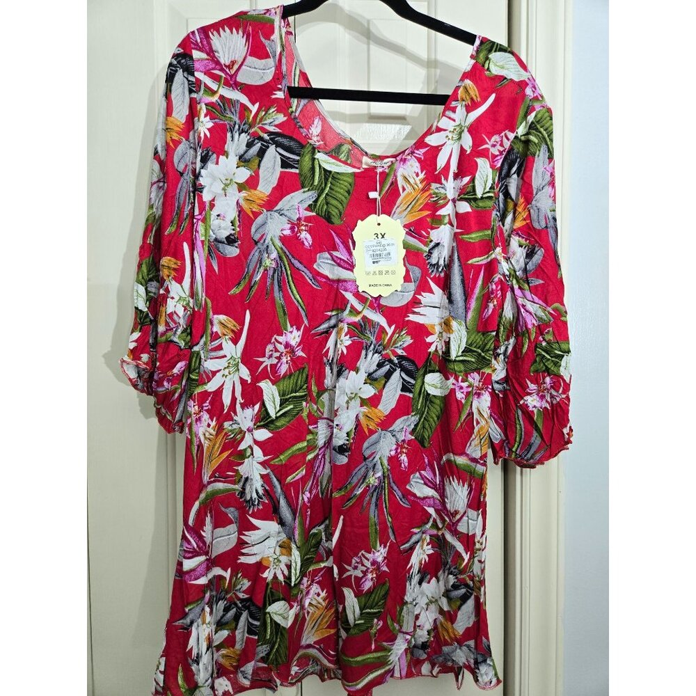 Womens Floral Red Tunic Top 3X By Ace Fashion 100% Rayon Short Sleeves Scoop Nec
